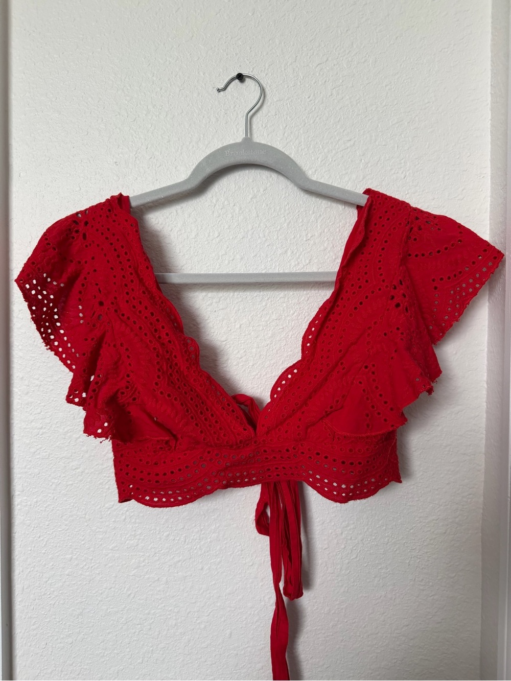 Forever 21 Red Eyelet Ruffle Wrap Crop Top